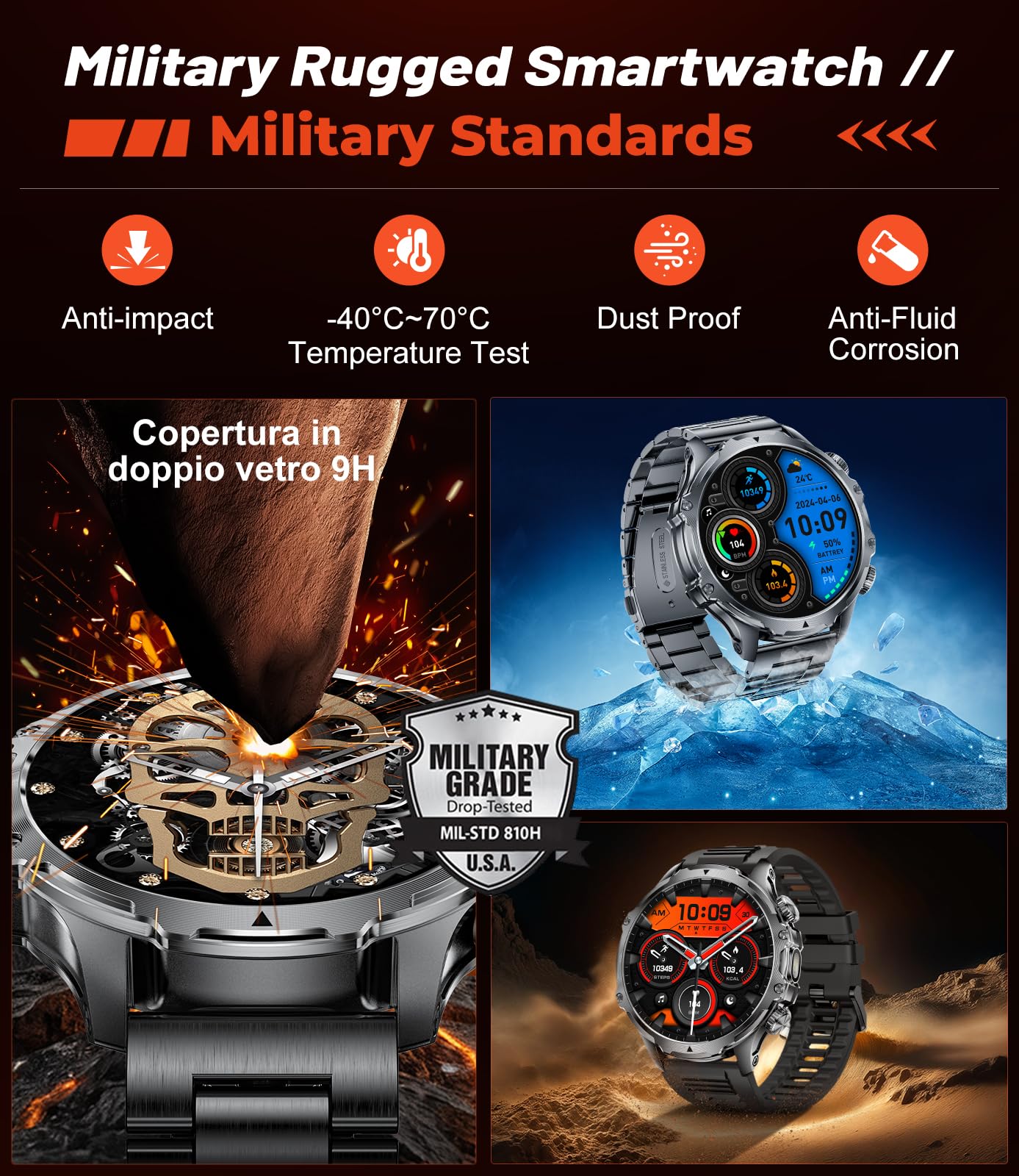 Military Smart Watch For Men,1.85 '' Hd/800Mah Battery Smart Watches With Led Flashlight For Android Ios (Bluetooth Call Answer/